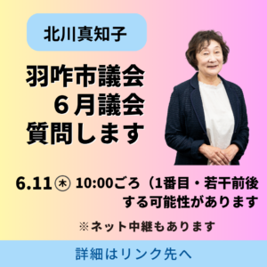 羽咋市議会2026年6月定例会で6月11日10時ごろから質問予定です【質問の概要を掲載】
